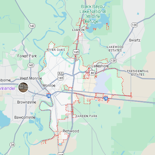 Map of Monroe, Louisiana, highlighted by a red dotted boundary including the Black Bayou Lake National Wildlife Refuge.