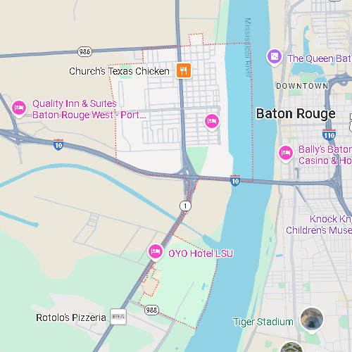 Map of Baton Rouge, Louisiana, highlighted by a red dotted boundary along the Mississippi River, featuring Tiger Stadium.