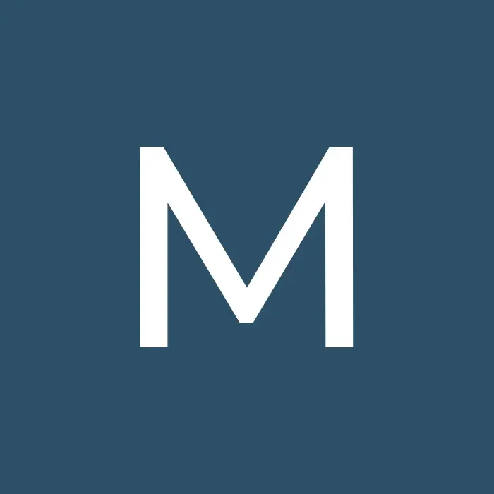 Bold white letter M centered on a dark blue square background.